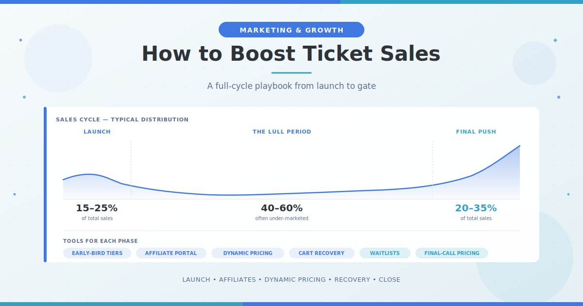 Ticket sales cycle showing launch, lull, and closing phases with tactics for each stage