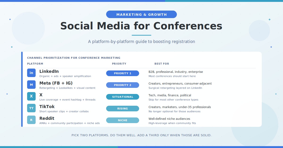 Conference social media strategy diagram showing platform prioritization, speaker amplification, and hashtag approach