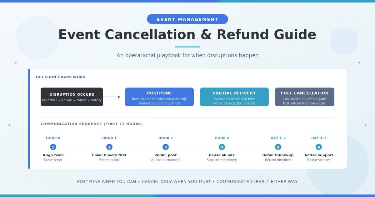 Event cancellation decision framework showing postpone, reschedule, partial disruption, and full cancellation pathways