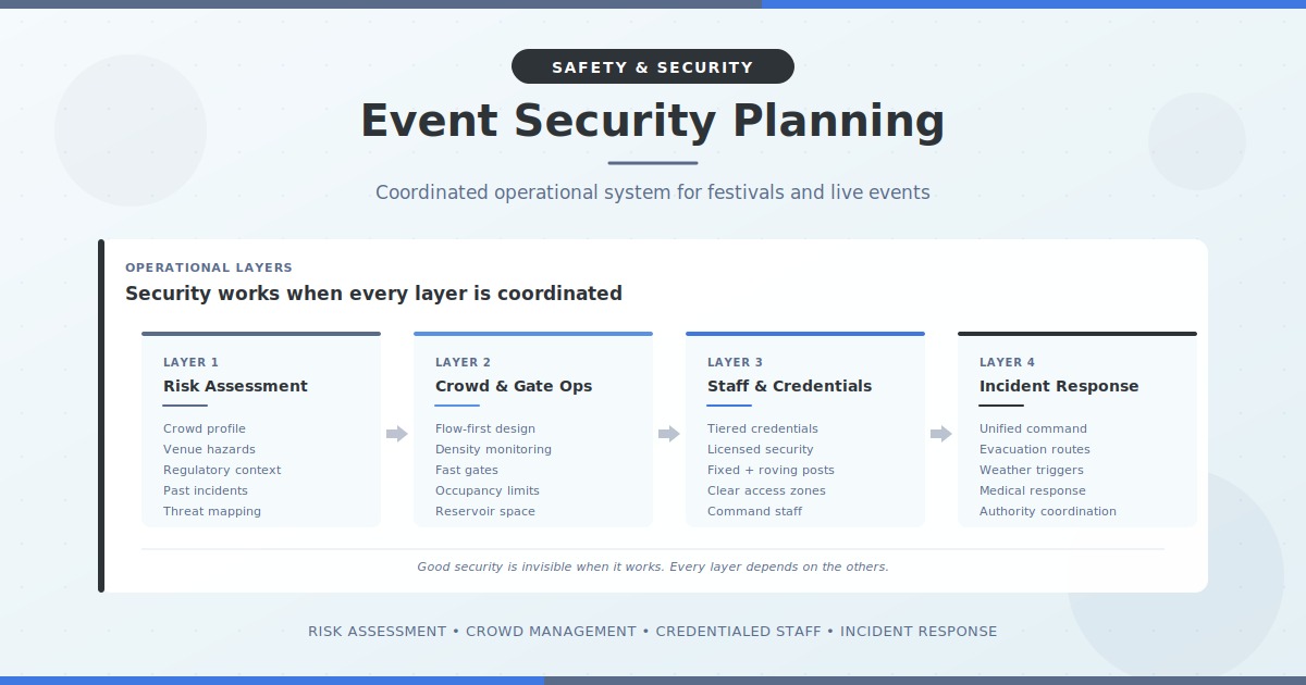 Event security planning framework showing the four operational layers from risk assessment to incident response