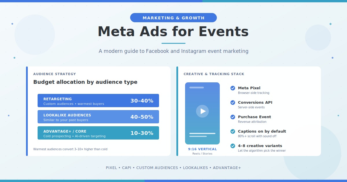 Meta ads strategy for events showing audience types, creative formats, and attribution tools