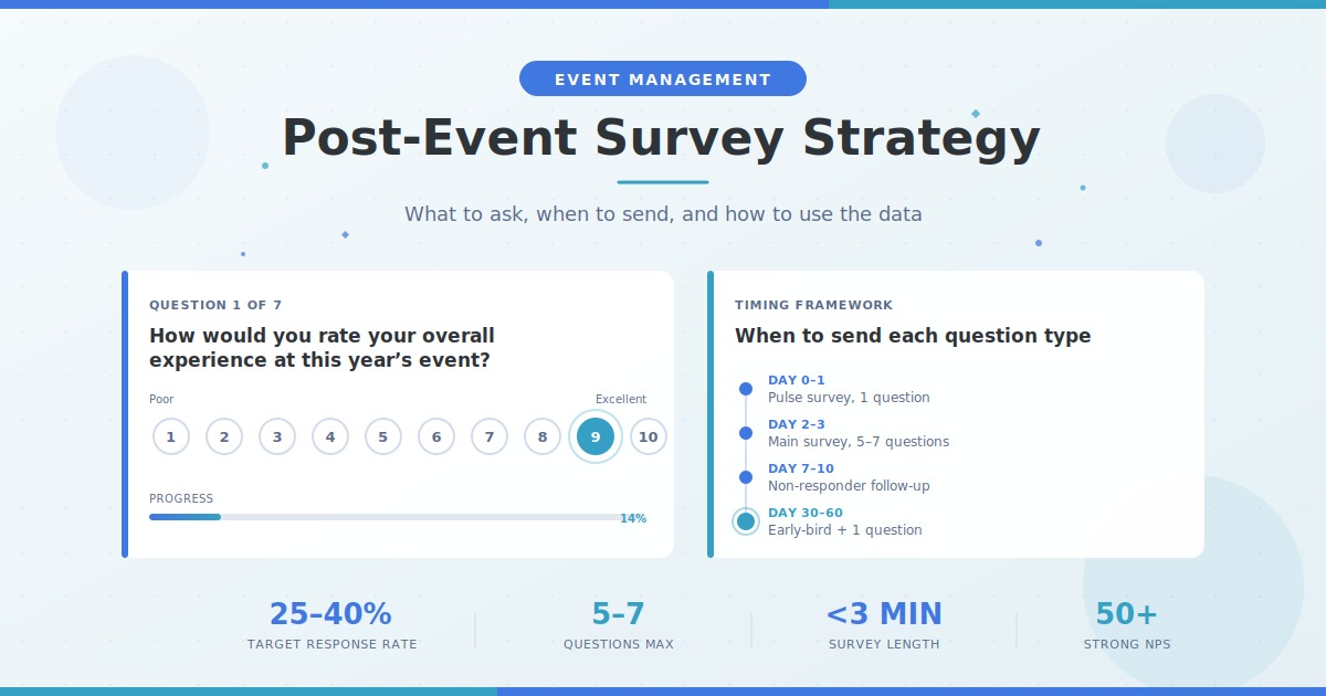 Post-event survey question framework showing timing, question types, and feedback analysis